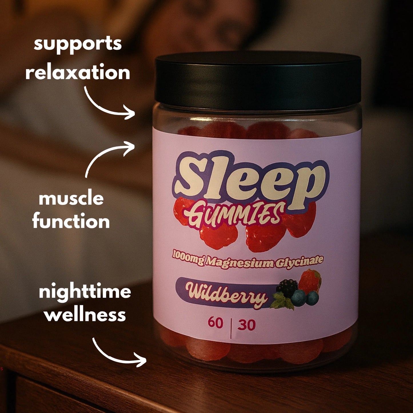Sleep Gummies with Magnesium Glycinate – 1000mg Wildberry Flavor 30 Servings