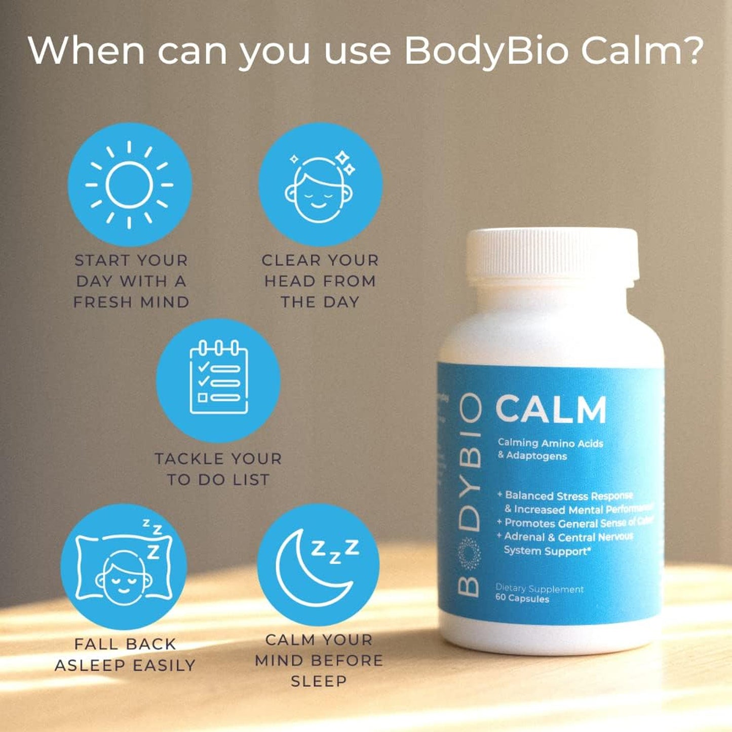 BodyBio Calm - Natural Stress Relief Blend with Rhodiola & More - 60 Capsules