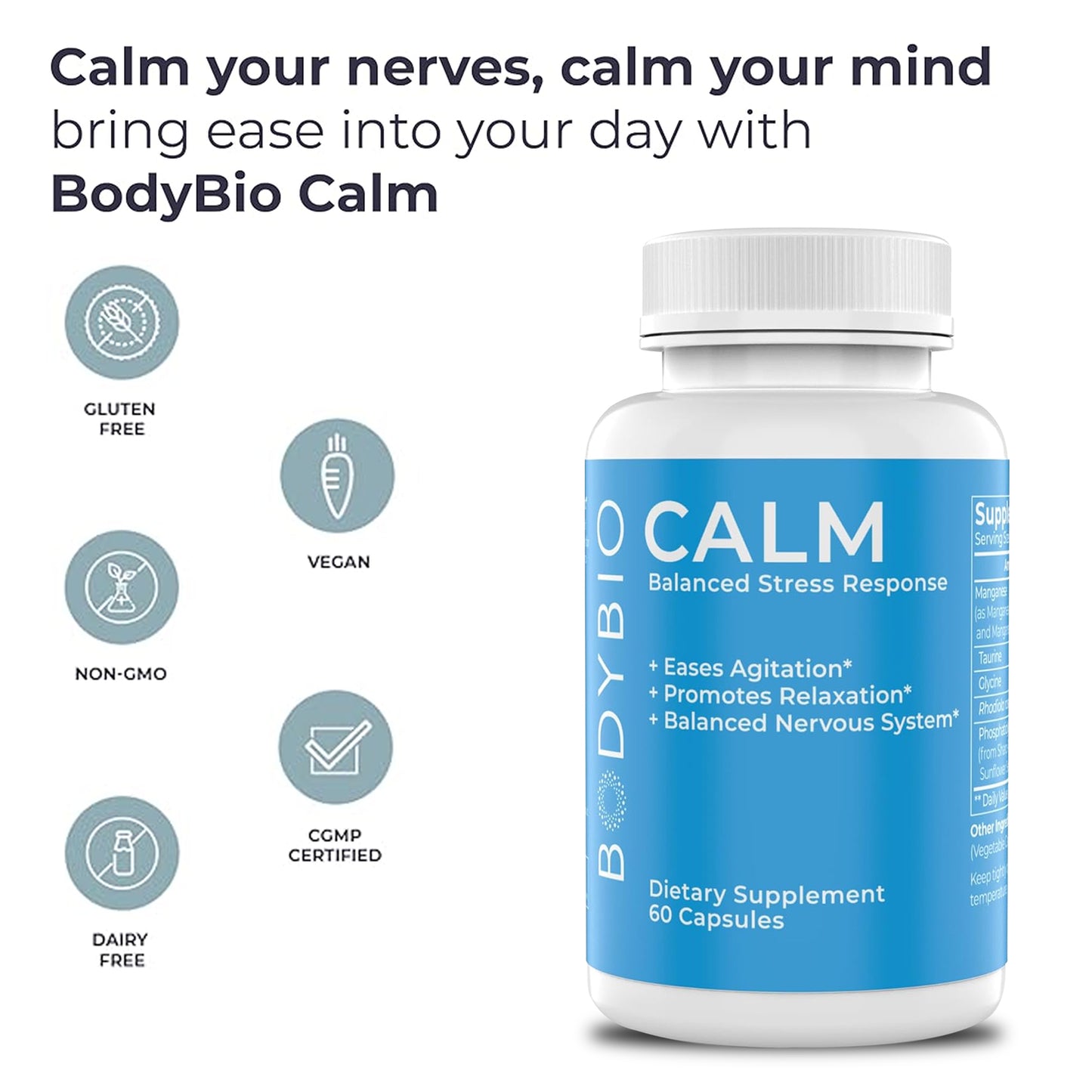 BodyBio Calm - Natural Stress Relief Blend with Rhodiola & More - 60 Capsules