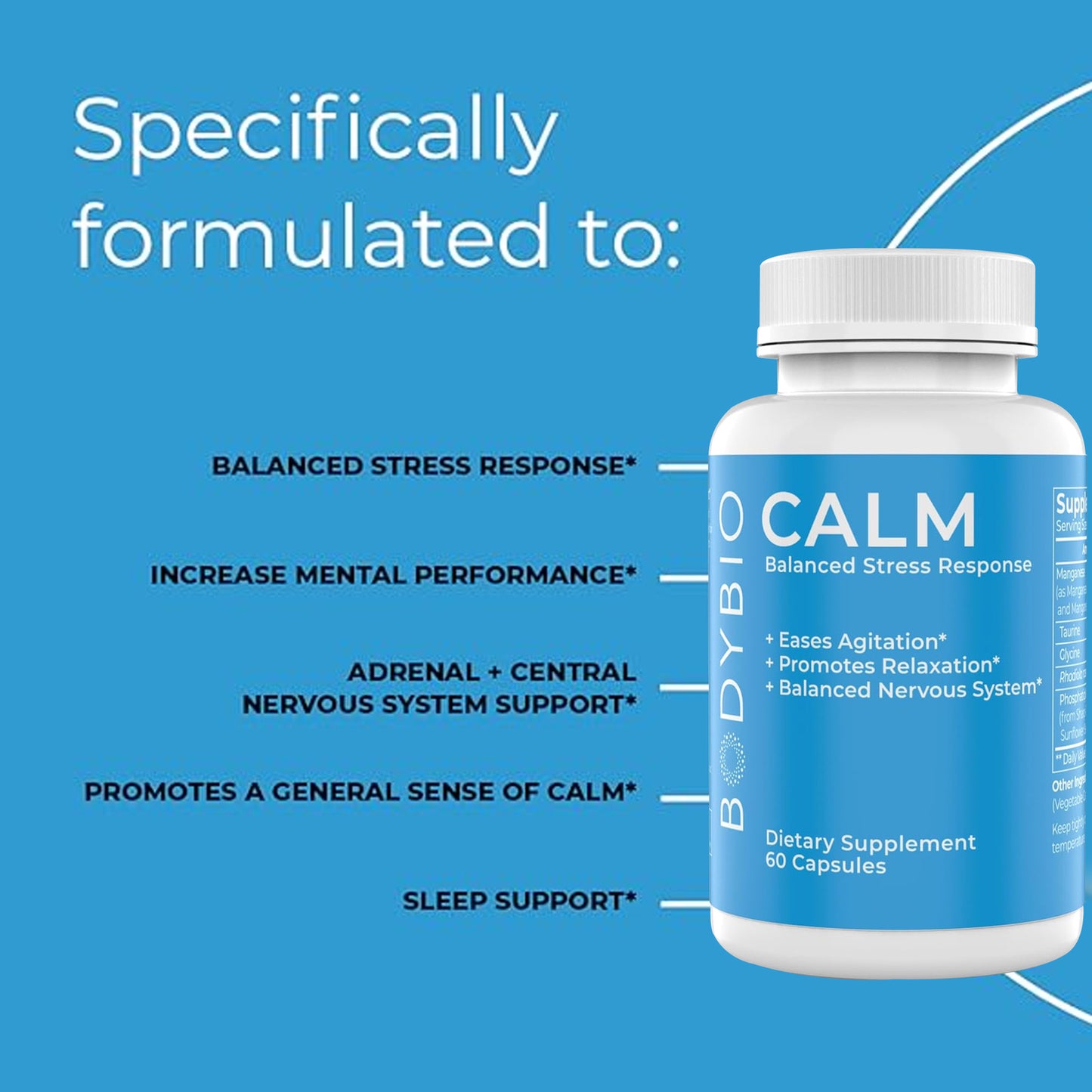 BodyBio Calm - Natural Stress Relief Blend with Rhodiola & More - 60 Capsules