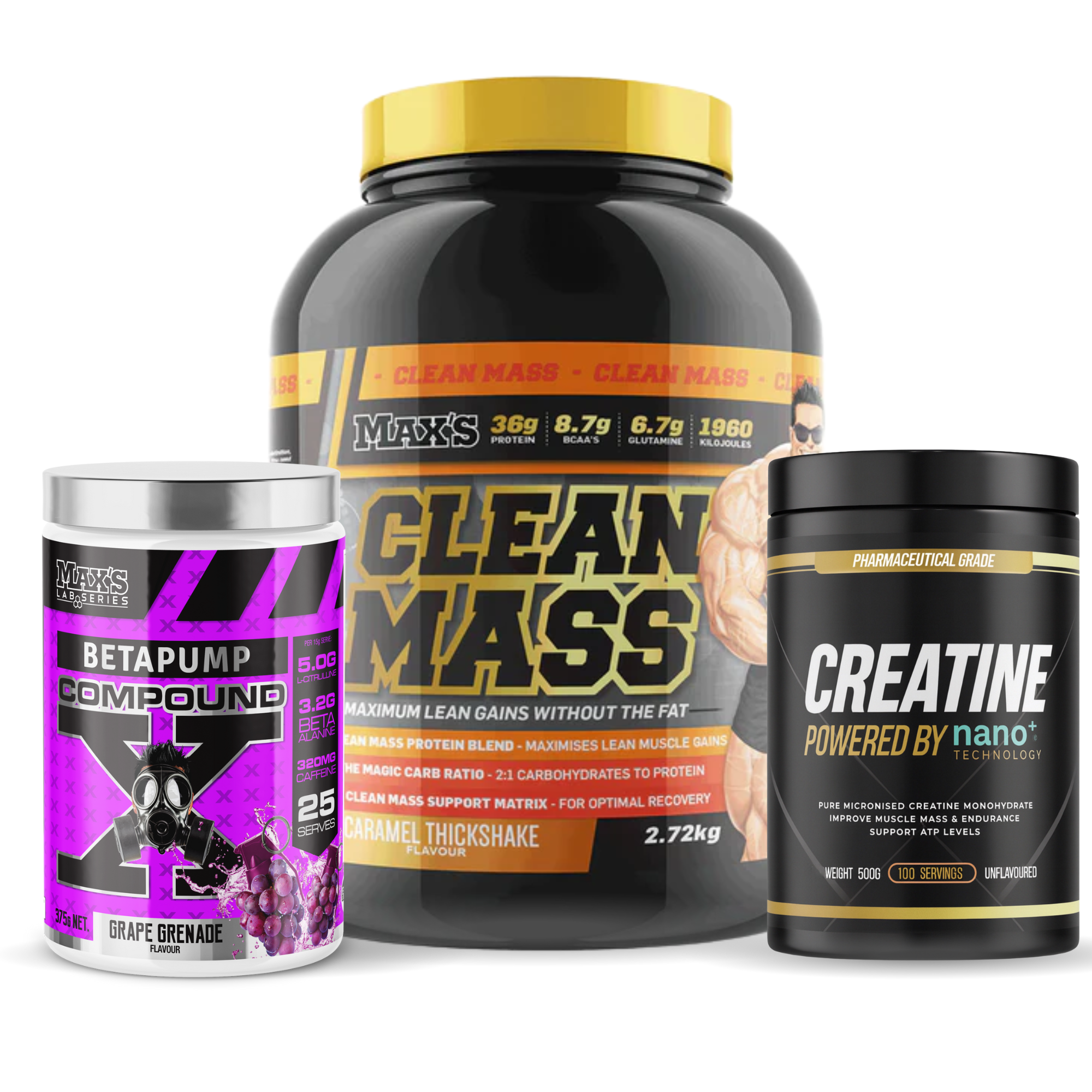 Max's Lean Mass Gainer Stack with Preworkout + Creatine