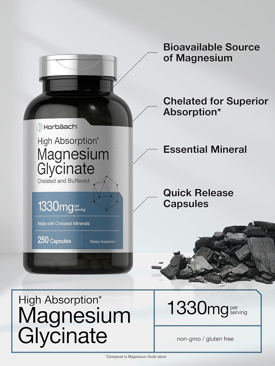 Horbäach - High Absorption Magnesium Glycinate - 1330mg - 250 Capsules