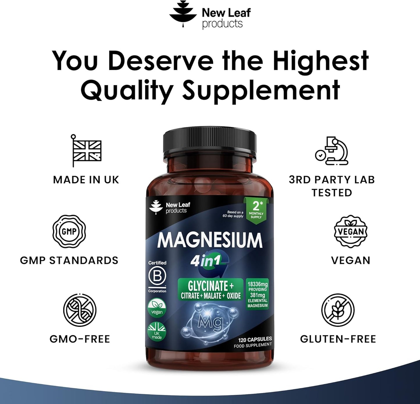 New Leaf - Magnesium 4-in-1 Complex : Glycinate, Citrate, Malate & Oxide - 60 Serves
