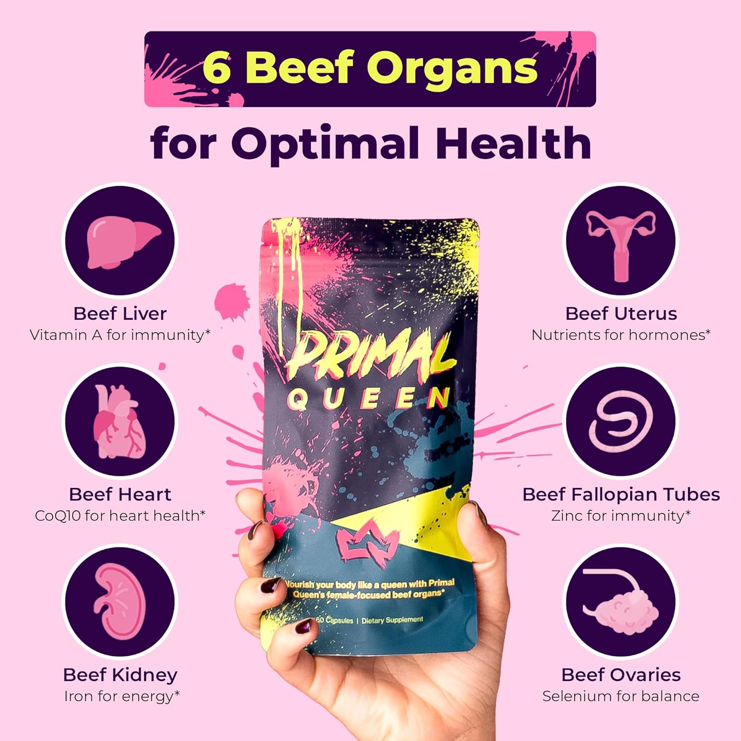 Primal Queen - 100% Grass Fed Beef Supplement for Women - Hormone Balance, Energy & Wellness - 60 Capsules