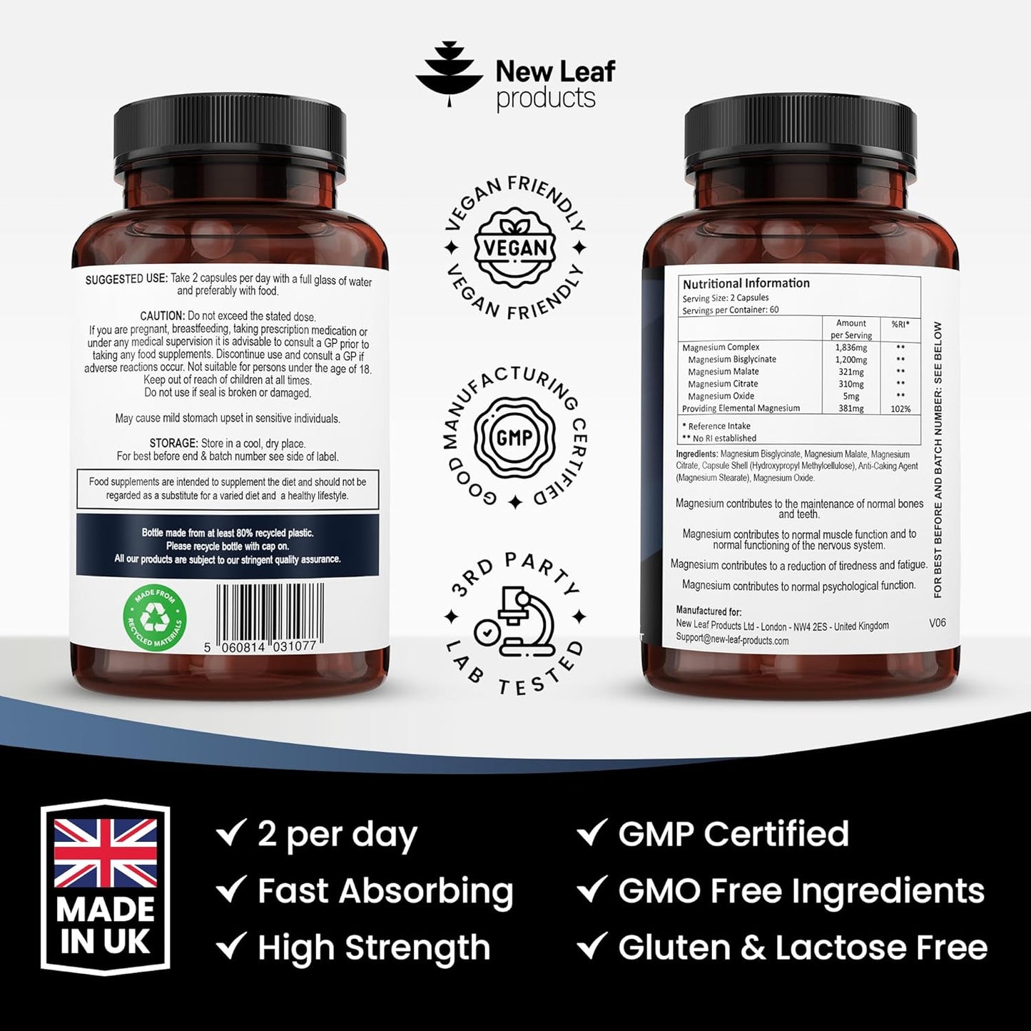 New Leaf - Magnesium 4-in-1 Complex : Glycinate, Citrate, Malate & Oxide - 60 Serves