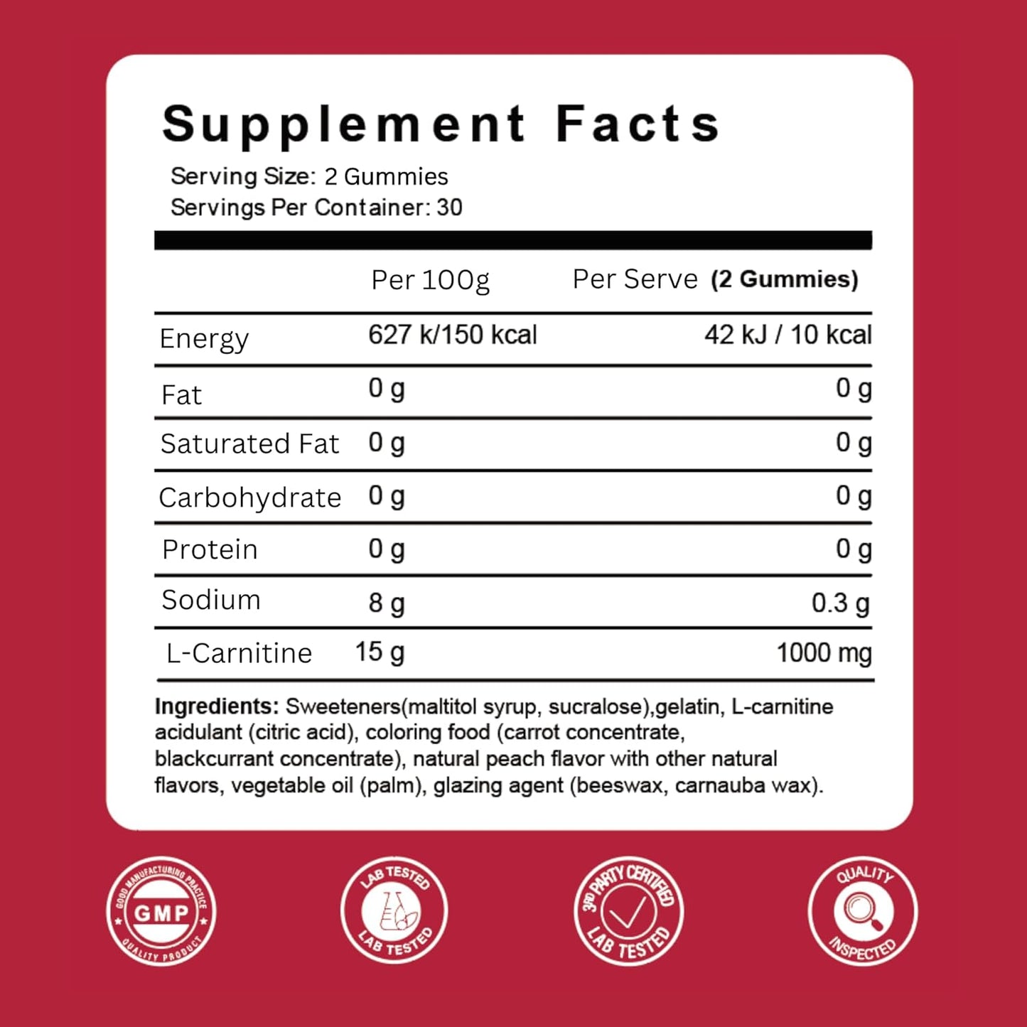 L-Carnitine Gummies 1000mg Peach, 30 Serves by The Gummy Lab