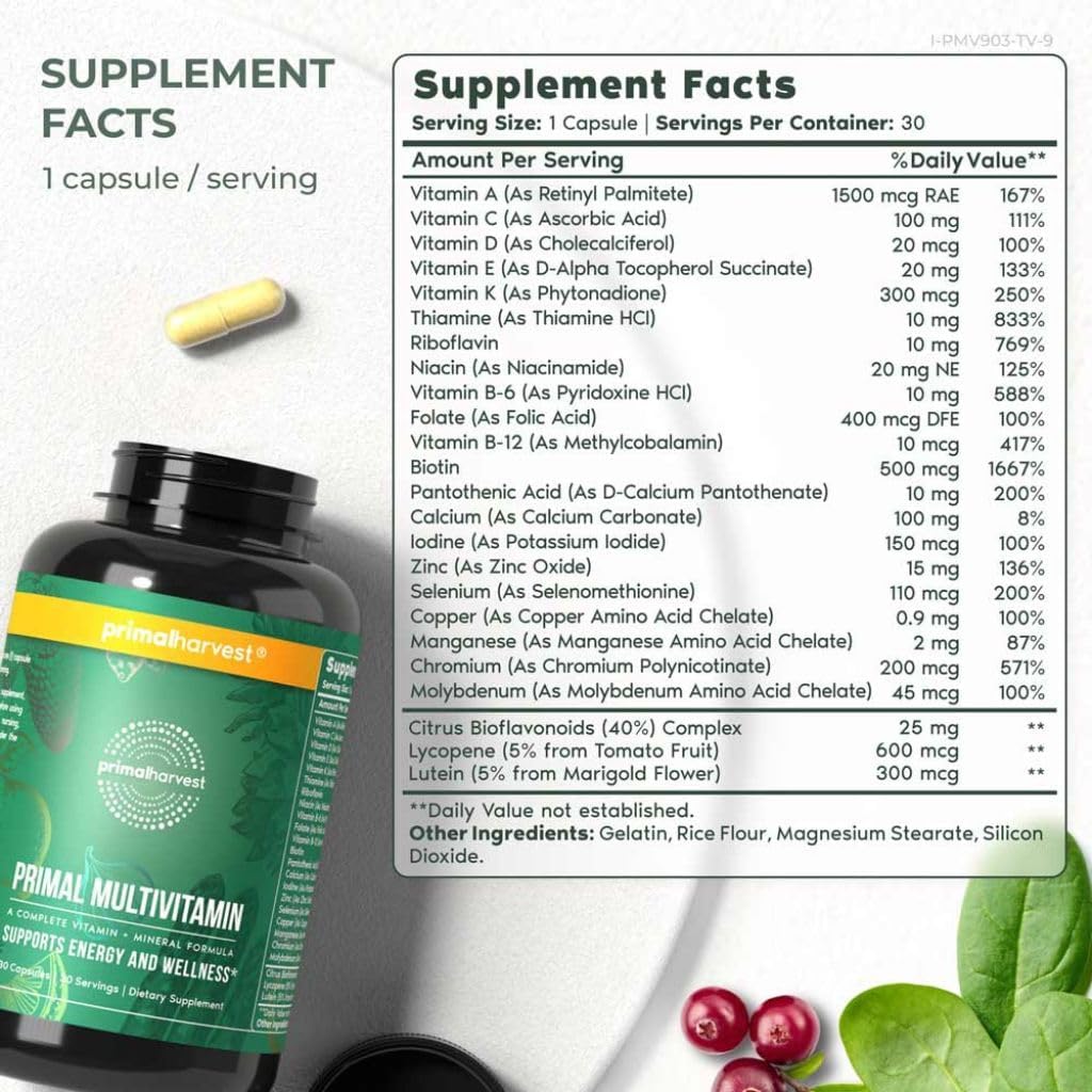 Primal Harvest Primal Multivitamin - Daily Multi-Vitamin Supplement with 21 Essential Vitamins Minerals for Men & Women