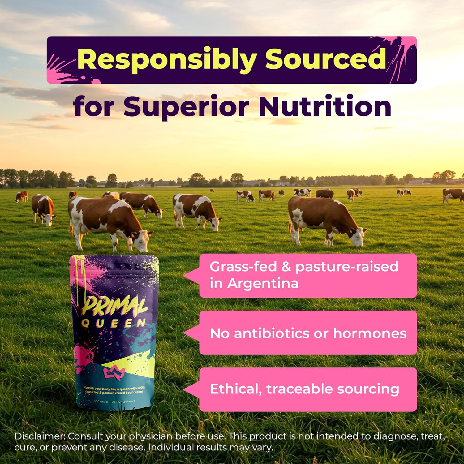 Primal Queen - 100% Grass Fed Beef Supplement for Women - Hormone Balance, Energy & Wellness - 60 Capsules