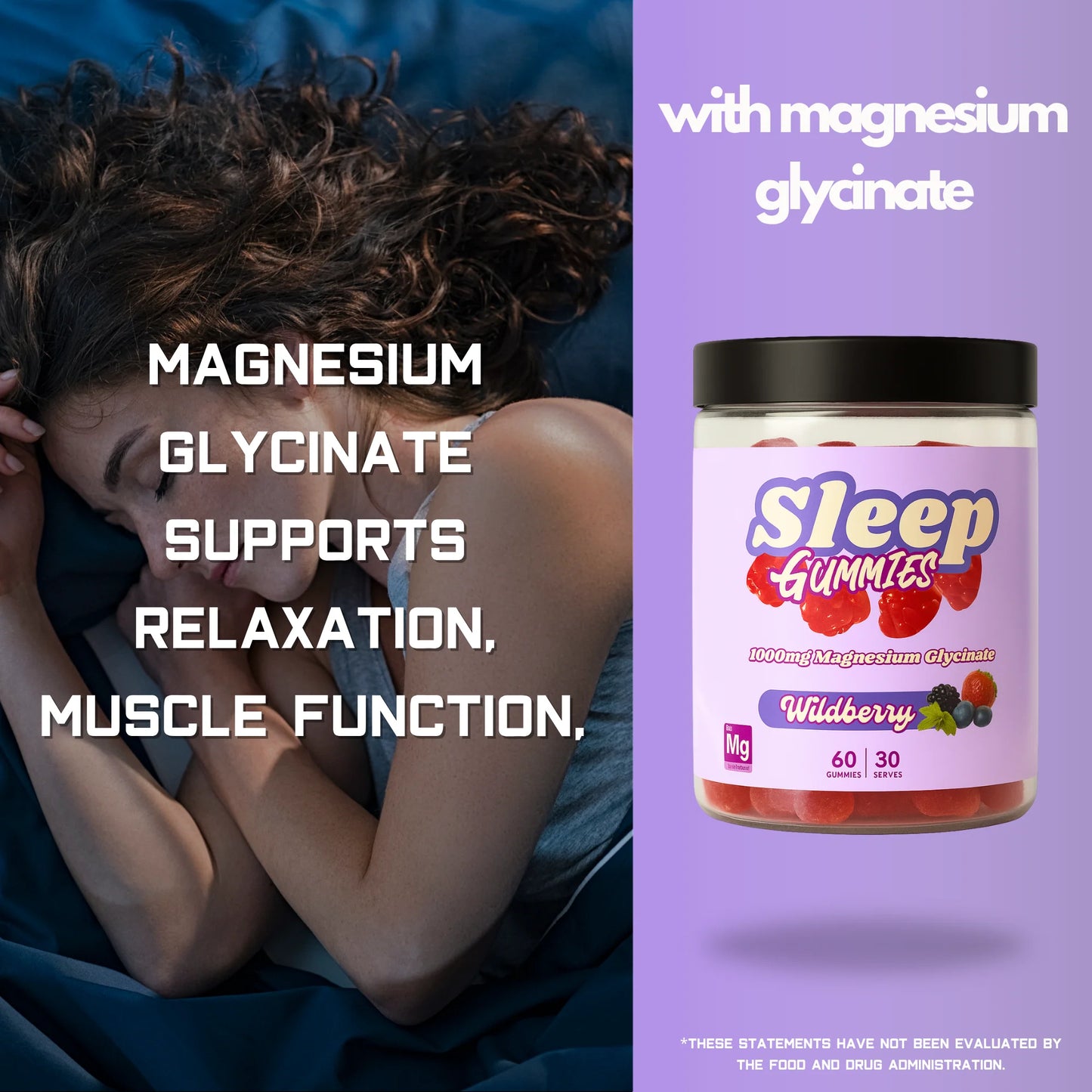 Sleep Gummies with Magnesium Glycinate – 1000mg Wildberry Flavor 30 Servings