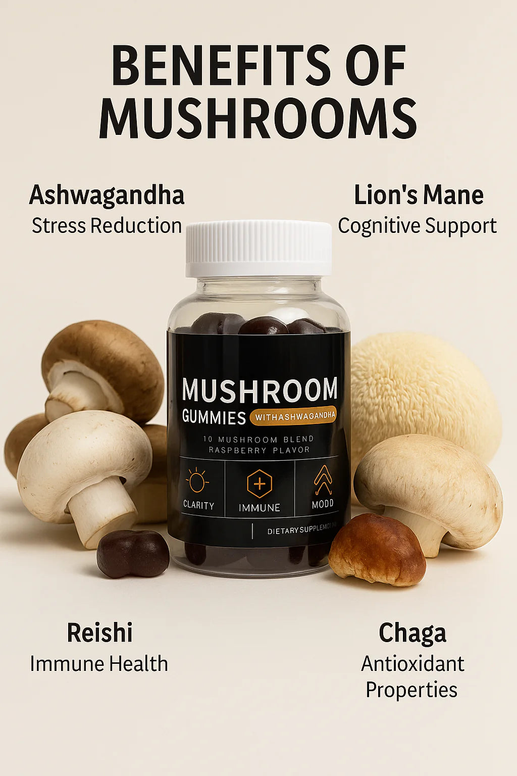 10 Mushroom Blend Gummies - Raspberry Flavour