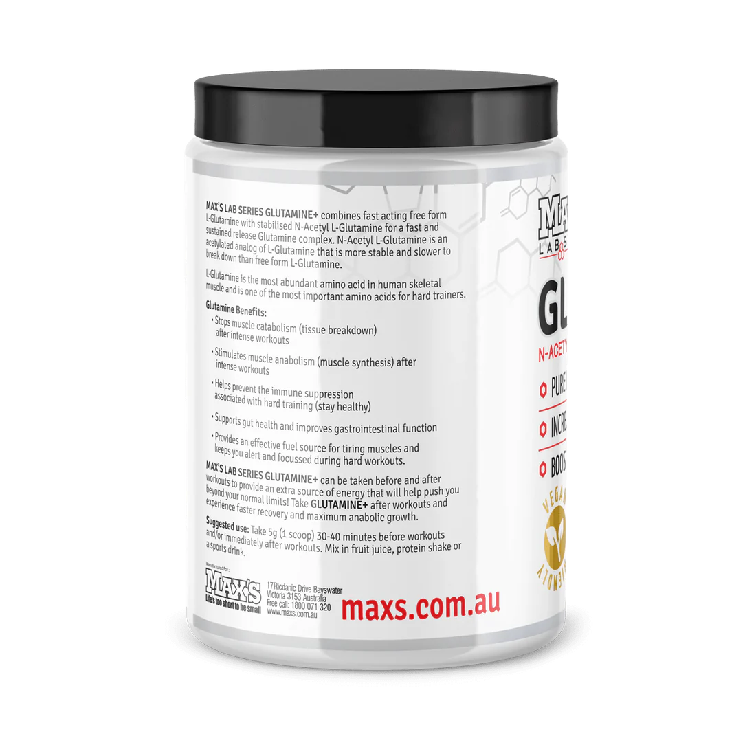 Max's Lab Series - Glutamine+ - 500g - 100 Serves