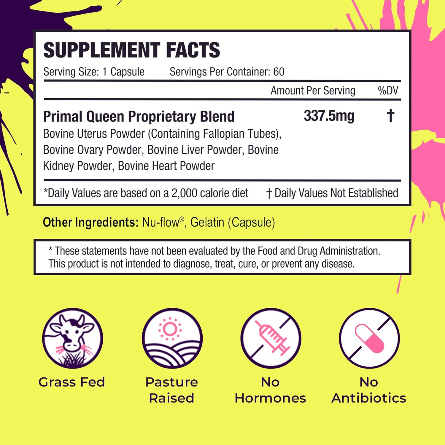Primal Queen - 100% Grass Fed Beef Supplement for Women - Hormone Balance, Energy & Wellness - 60 Capsules