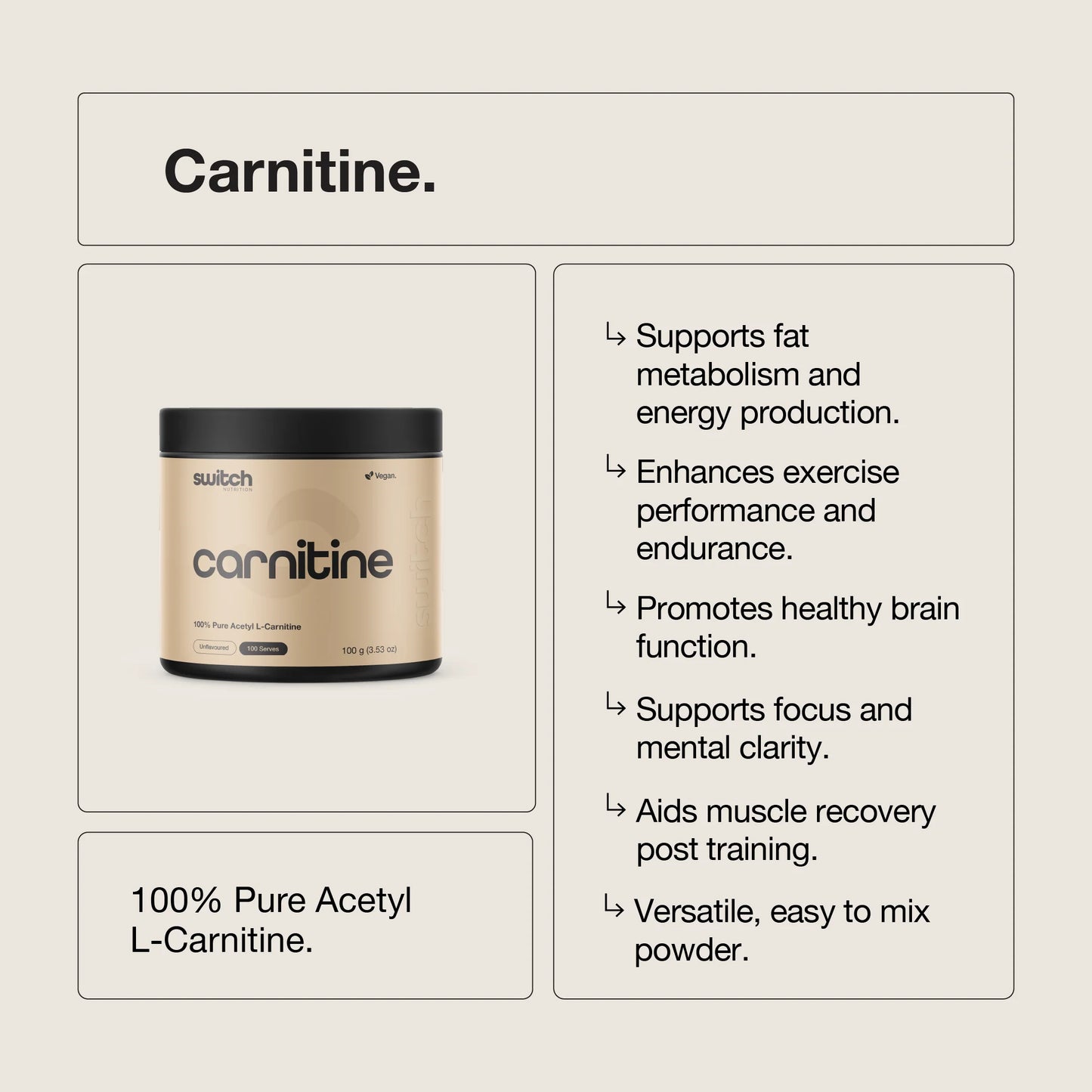 Switch Nutrition - Carnitine - 100% Pure Acetyl L-Carnitine - 100 Serves - Powder