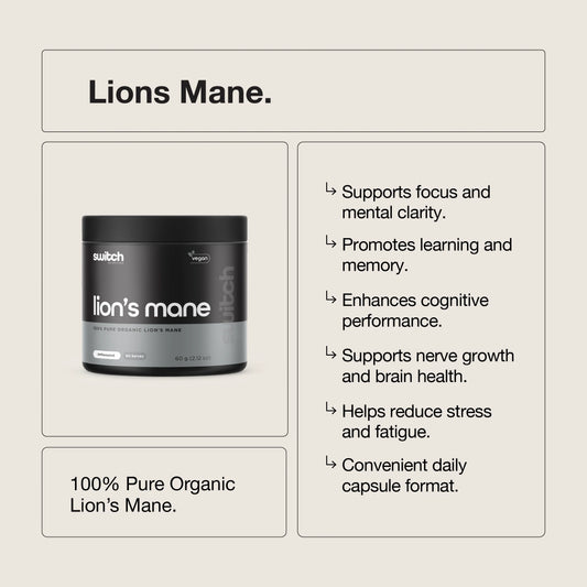 Switch Nutrition - Lion's Mane - 100% Pure Organic Powder - 60 Serves