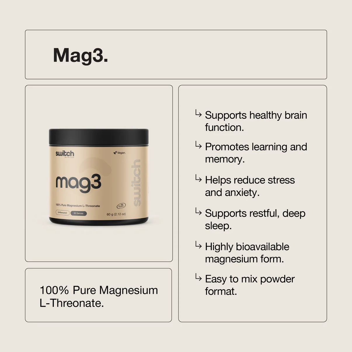 Switch Nutrition - Mag3 - Magnesium L-Threonate - 30 serves