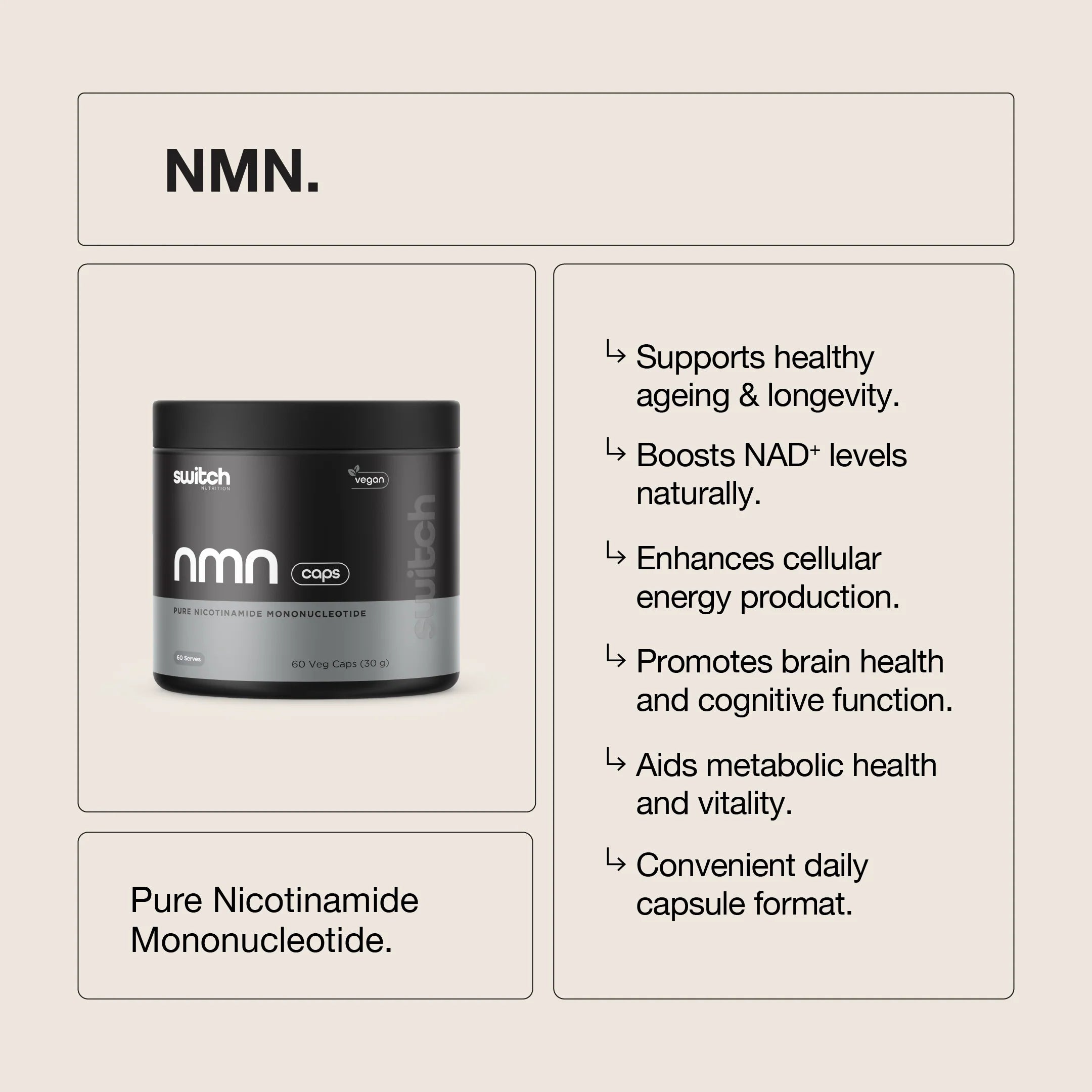 Switch Nutrition - NMN - Pure Nicotinamide Mononucleotide Powder - 60 Serves