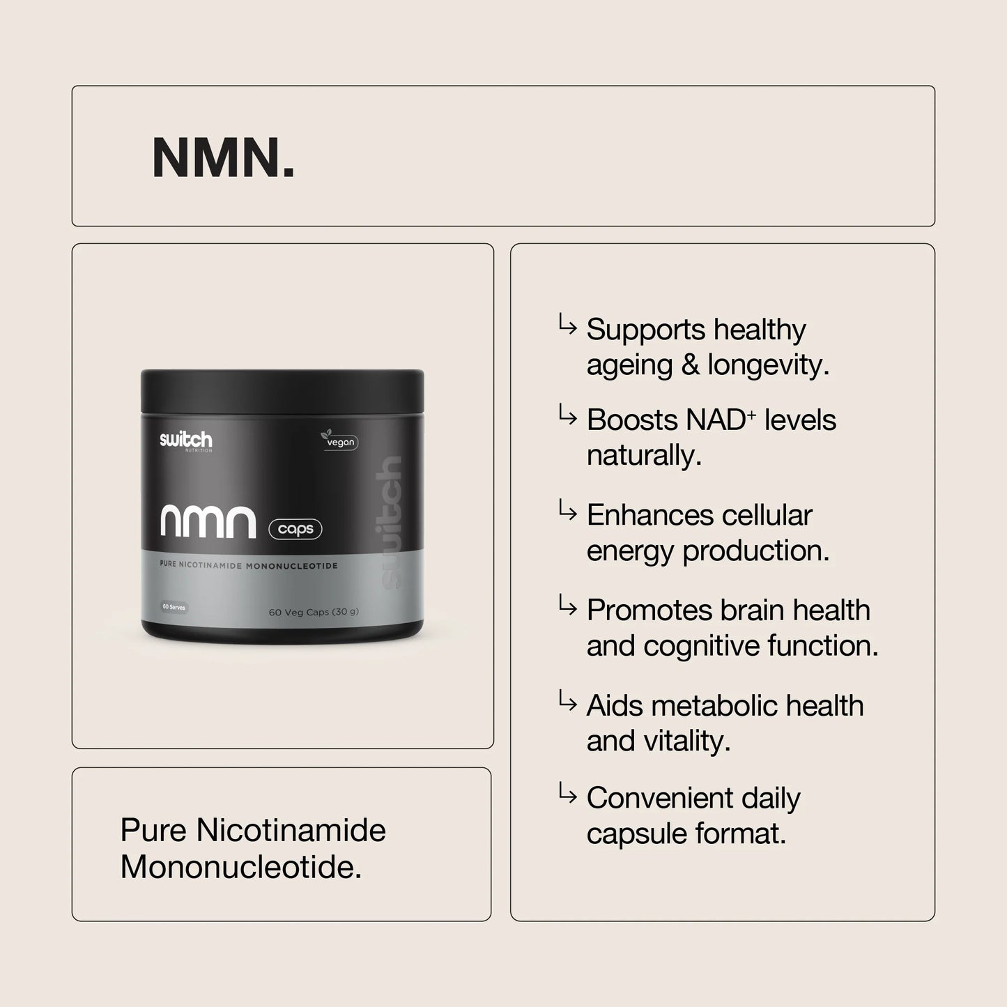 Switch Nutrition - NMN - Pure Nicotinamide Mononucleotide Powder - 60 Serves