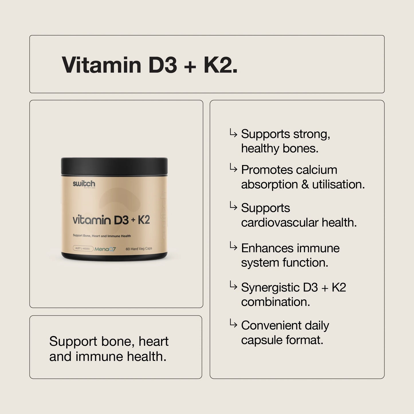 Switch Nutrition - Vitamin D3 + K2 - 60 Capsules