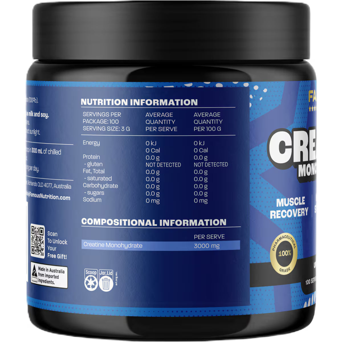 Famous Nutrition Sport Creatine Monohydrate Powder Unflavoured 300g - 100 serves
