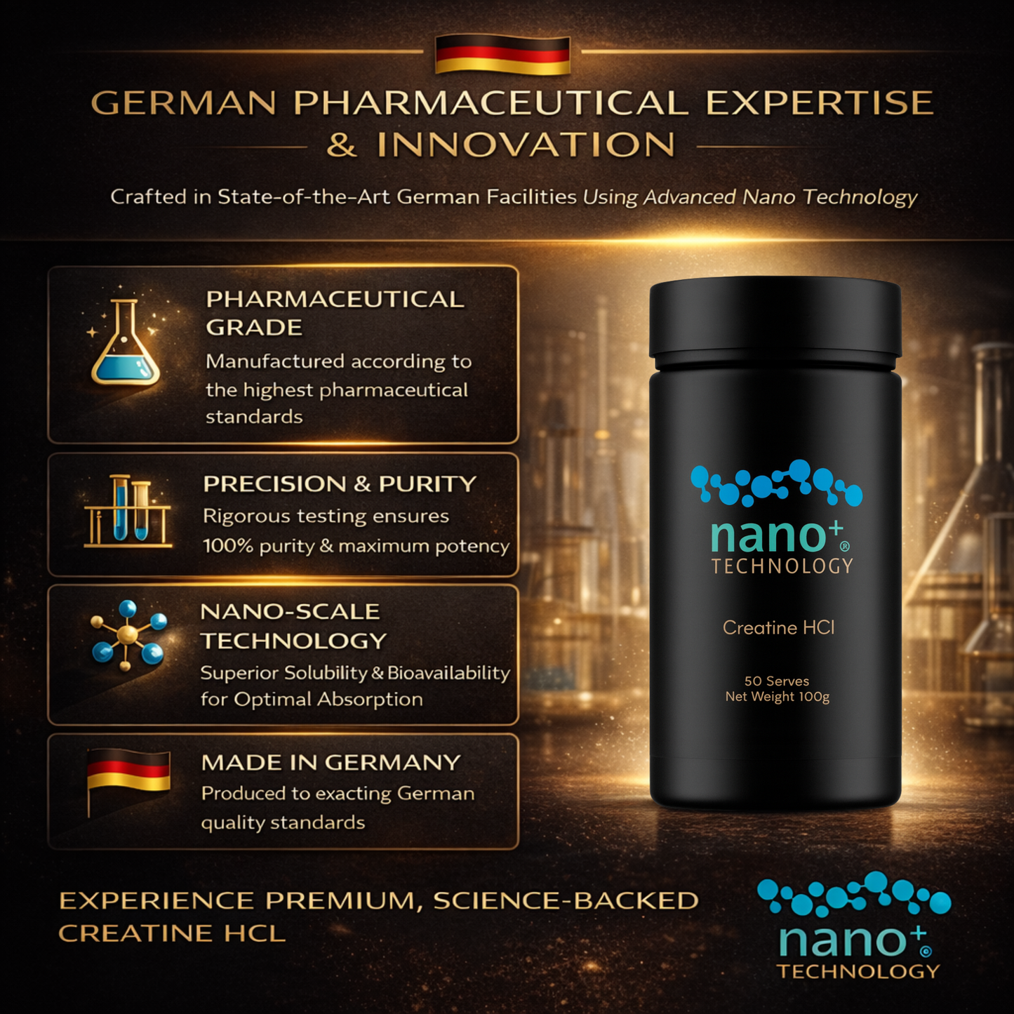 Nano+ Technology - Creatine HCL 100g GERMAN ENGINEERED