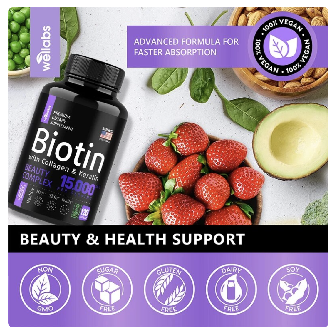 Biotin Capsules with Collagen and Keratin - 15000MCG Per Serving - Biotin