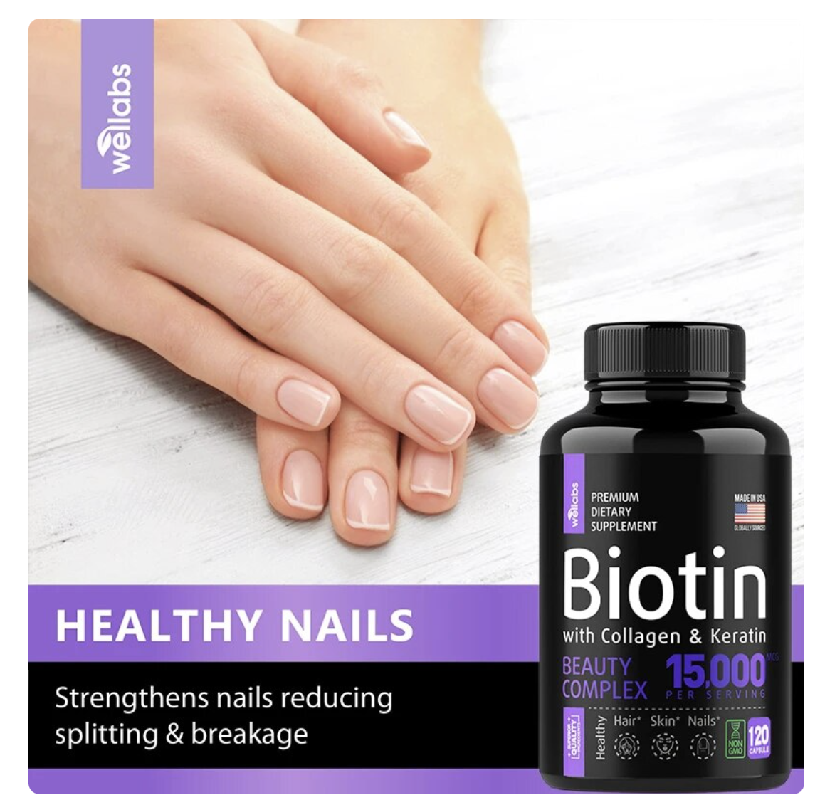 Biotin Capsules with Collagen and Keratin - 15000MCG Per Serving - Biotin