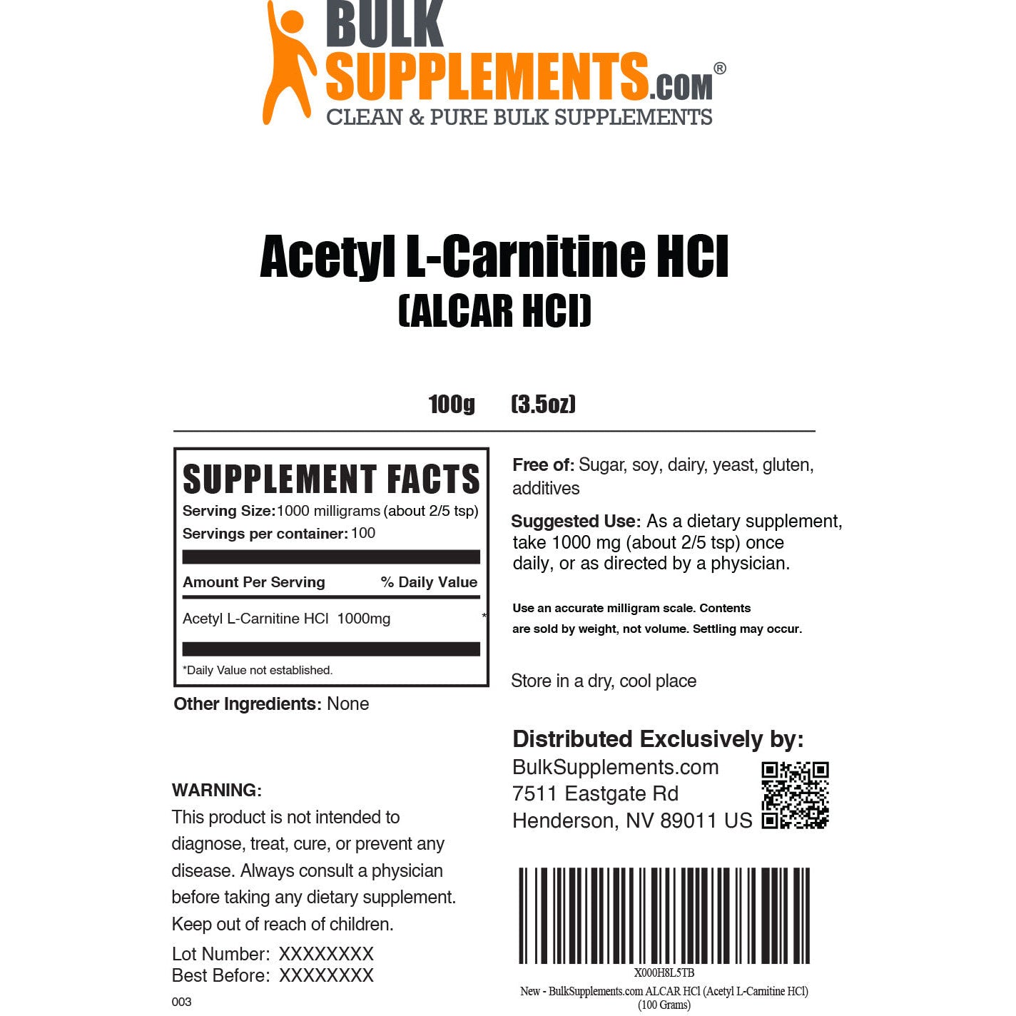 Bulk Nutrition Acetyl Carnitine Alcar RAW 150g