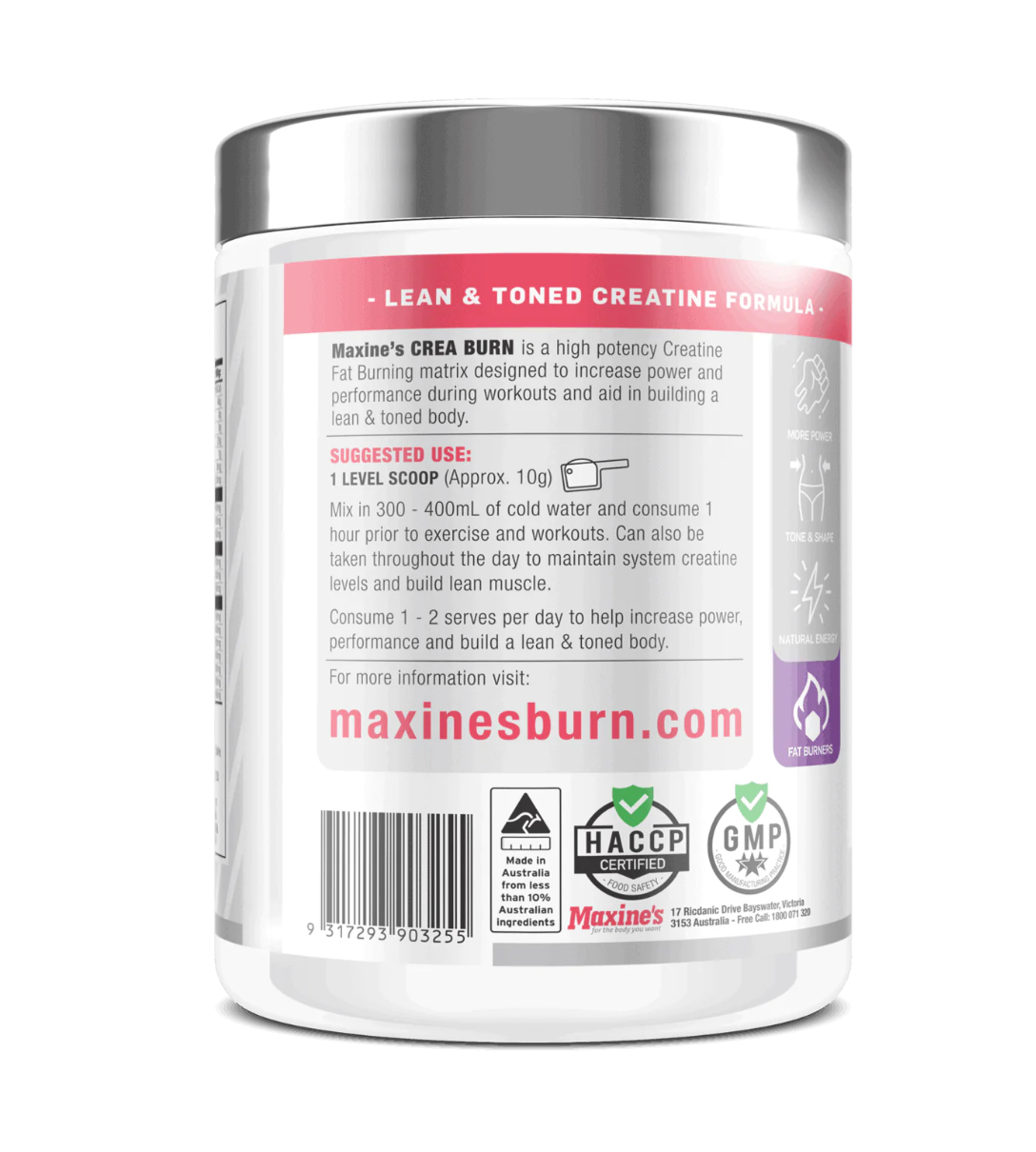 Maxine's - Crea BURN - Thermogenic Fat Burning Creatine - 300g - 30 Serves - Grape Splash