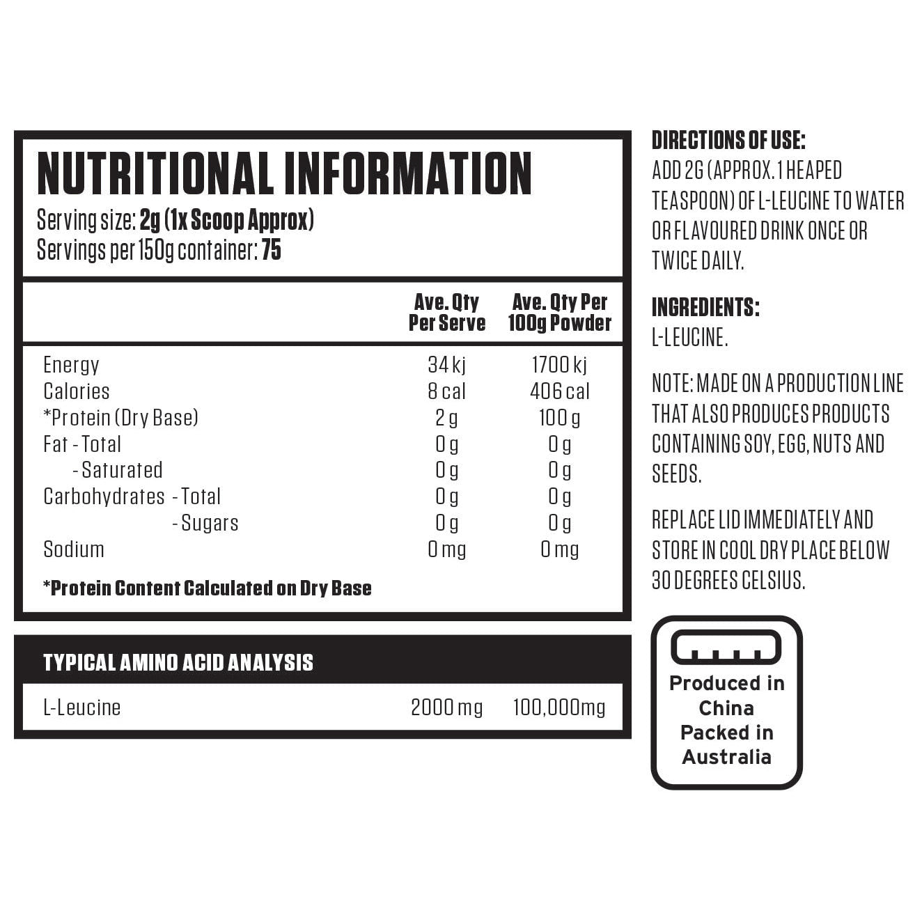 Bulk Nutrition - Leucine RAW 150g