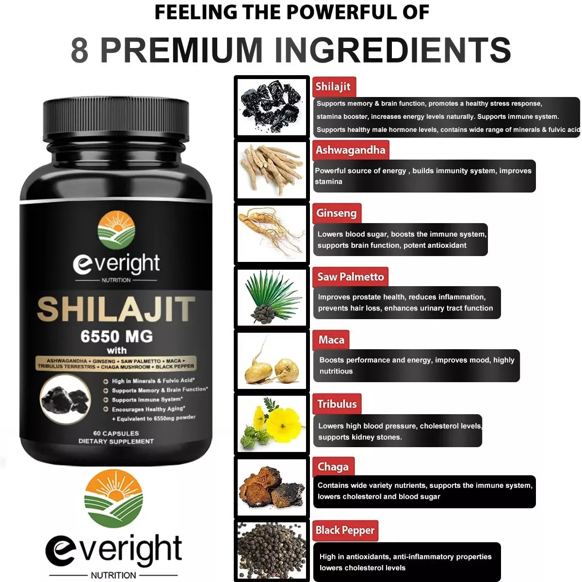 Everight Himalayan Shilajit with Ashwaganda, Maca, Saw Palmetto, Gingseng & More