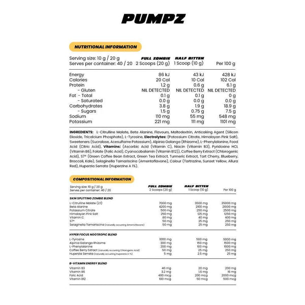 Zombie Labs PUMPZ - Non-Stim Pre-Workout - 40 Serves